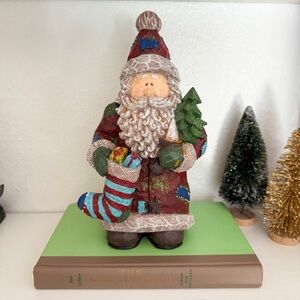Festive Resin Santa Claus Figurine with Tree and Stocking 9.5” Vintage Christmas
